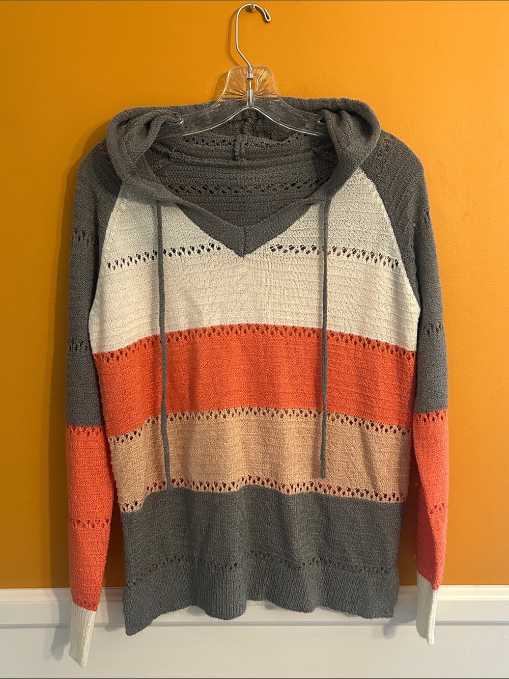 Striped Hooded Knit Sweater in Gray, Coral & Cream